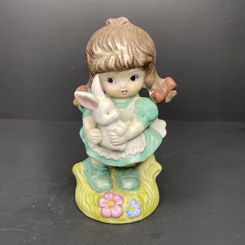 Vintage Girl with Pigtails In Blue Dress Holding Bunny‎ Figurine Hand Painted